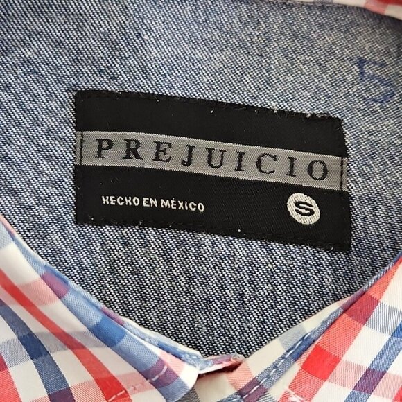 Prejuicio Demin Long Sleeve Shirt Men's S Small Red White Blue Button Pockets LN - Picture 7 of 13